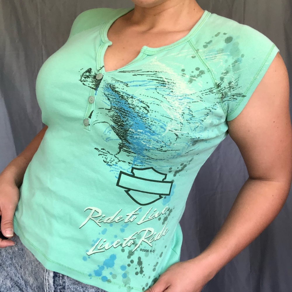 Green Harley Davidson front button henley